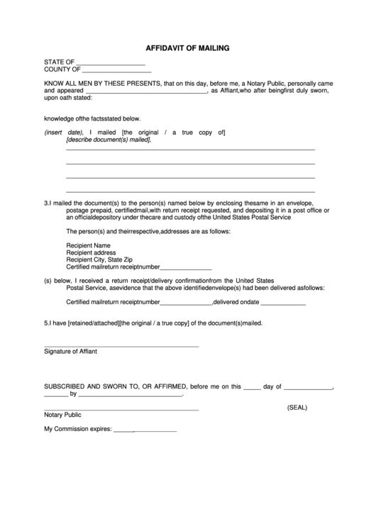 Affidavit Of Mailing Form Printable pdf