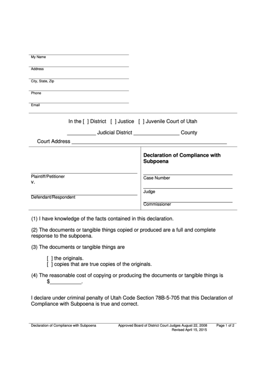 Declaration Of Compliance With Subpoena Printable pdf