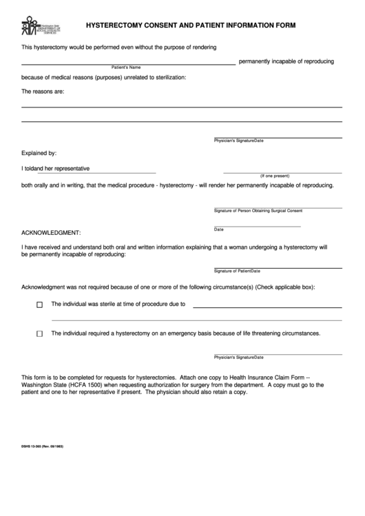 Hysterectomy Consent And Patient Information Form Printable pdf