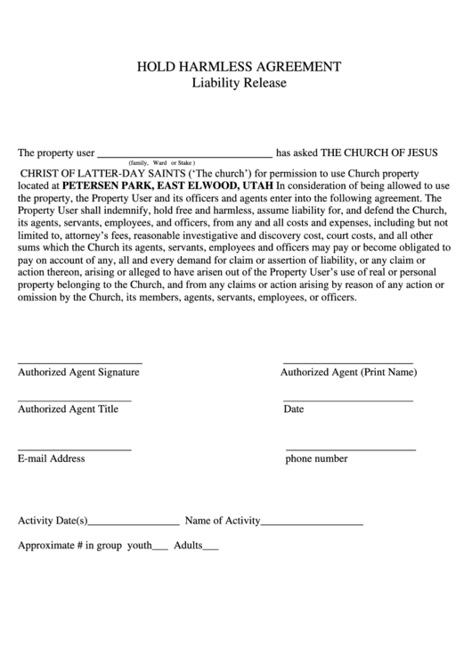 Hold Harmless Agreement Liability Release printable pdf download