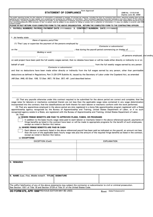 Fillable Dd Form 879 - Statement Of Compliance Printable pdf