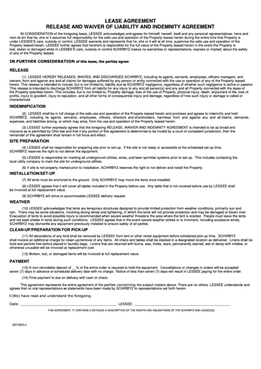 Lease Agreement Release And Waiver Of Liability And Indemnity Agreement Printable pdf