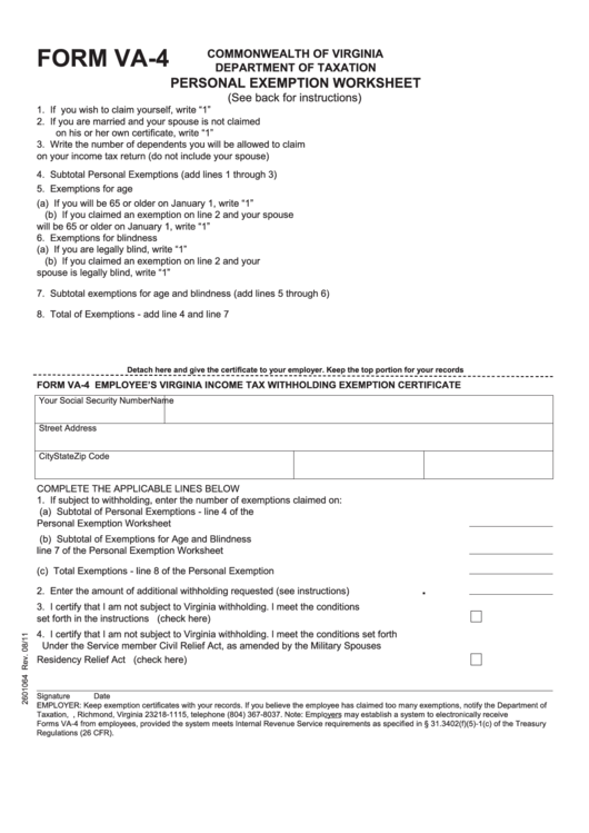 Fillable Form Va-4 - Personal Exemption Worksheet Printable pdf