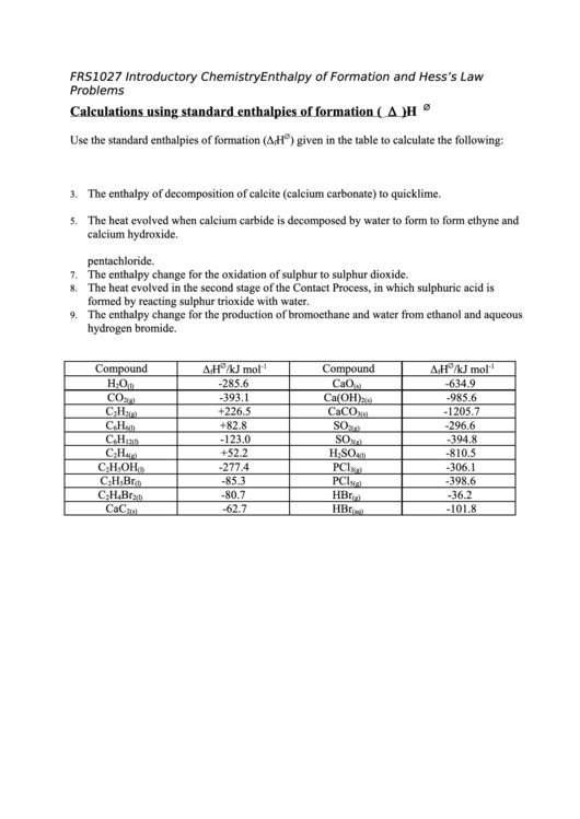 Fillable Calculations Using Standard Enthalpies Of Formation Printable pdf