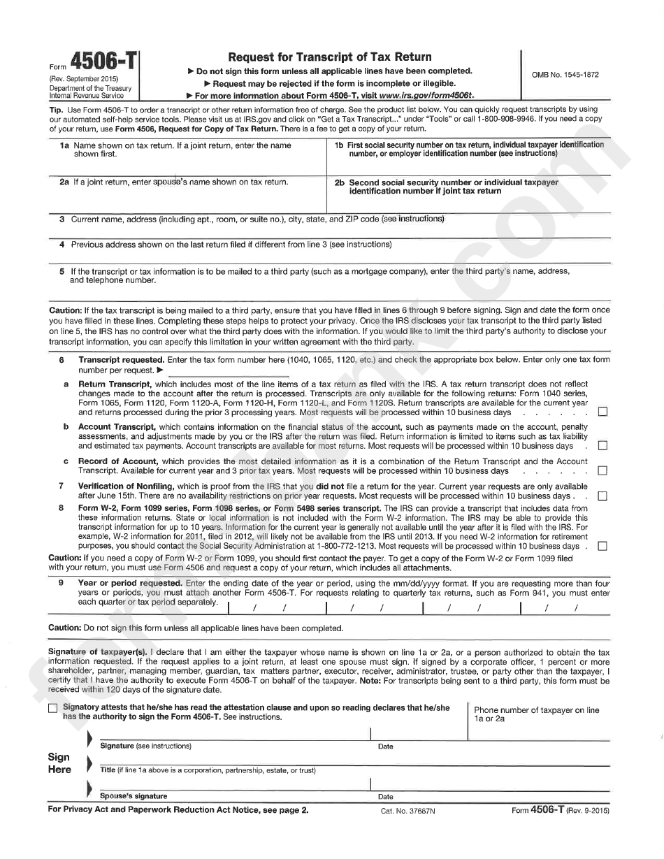 Form 4506 T Request For Transcript Of Tax Return Printable Pdf Download