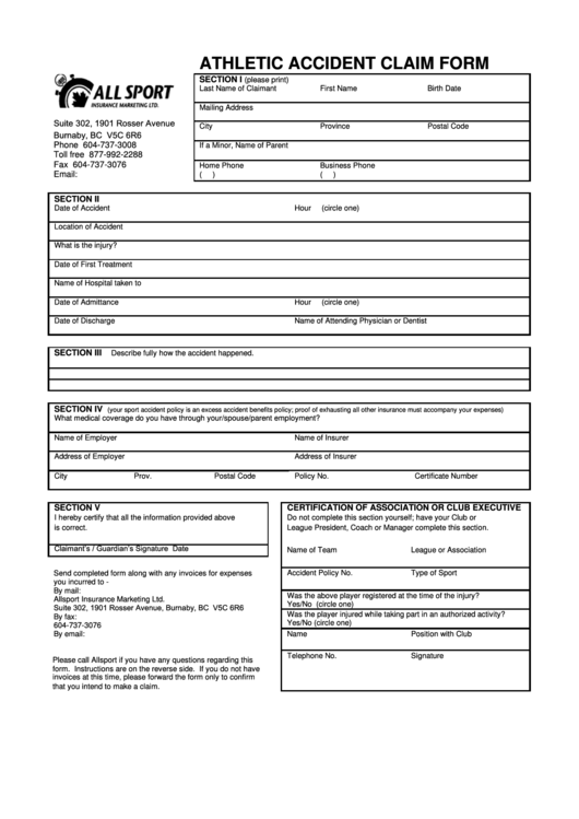 Fillable Athletic Accident Claim Form Sbc Insurance printable pdf