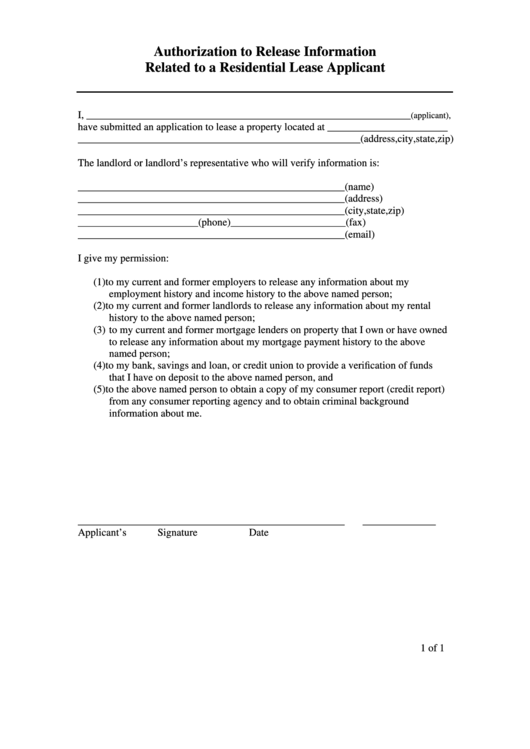 Authorization To Release Information Related To A Residential Lease Applicant Printable pdf