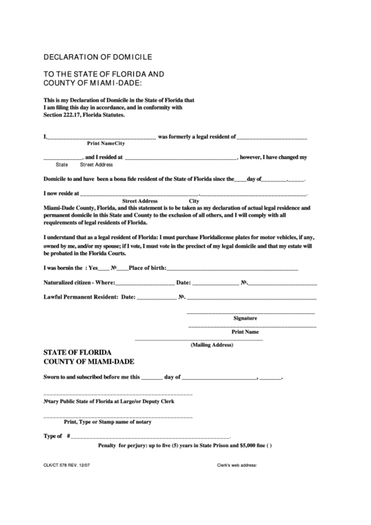 Declaration Of Domicile - Miami-Dade County Printable pdf