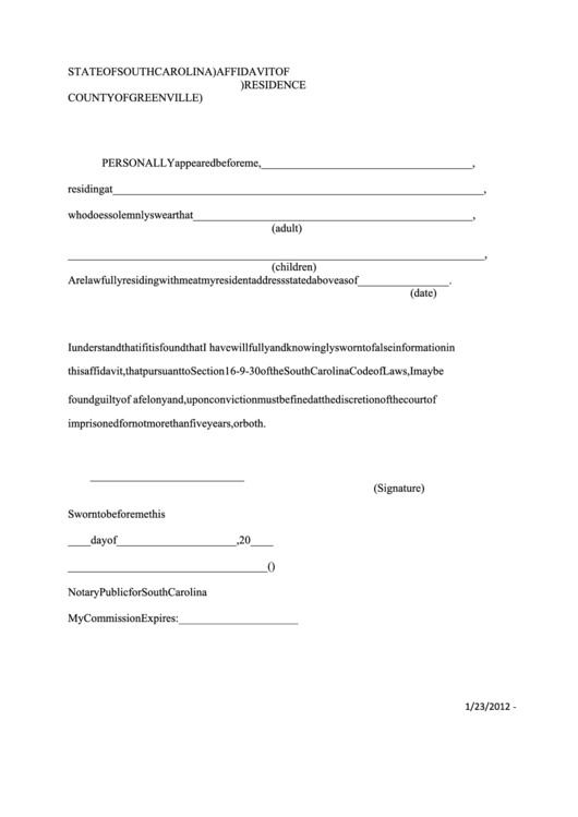 State Of South Carolina Affidavit Of Residence printable pdf download