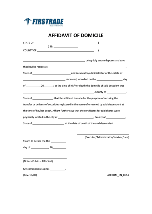 Fillable Affidavit Of Domicile Printable pdf