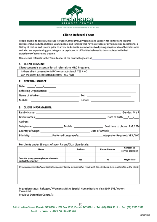 Client Referral Form - Melaleuca Refugee Centre Printable pdf
