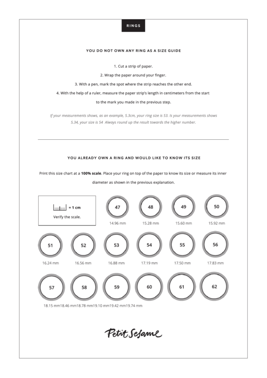 Petite Sesame Ring Size Chart Printable pdf