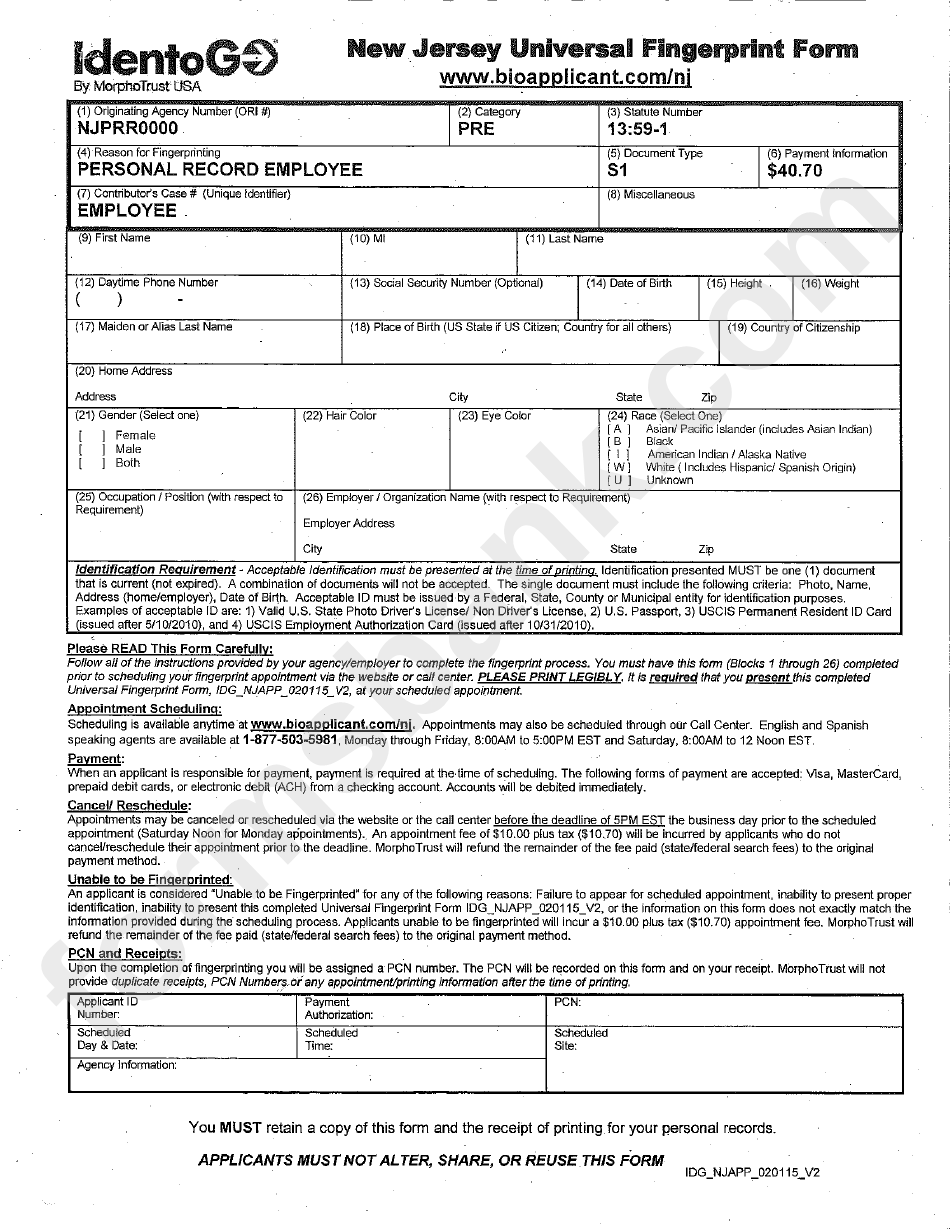 New Jersey Universal Fingerprint Form Printable Pdf Download