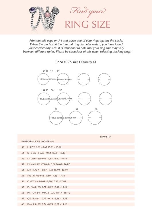 Pandora Ring Size Chart Printable pdf