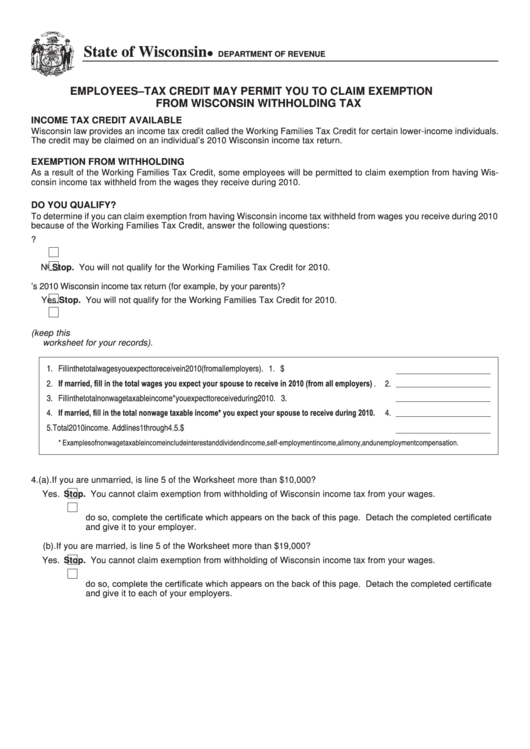 Wisconsin Tax Credit Form Printable pdf