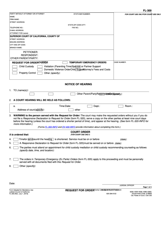 Fillable Fl 300 Request For Order Change Or Temporary Emergency Order 