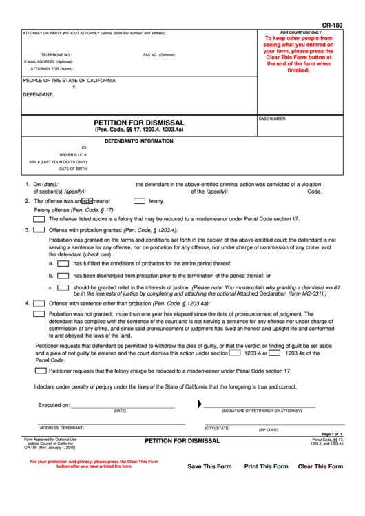Fillable Cr-180 Petition For Dismissal Printable pdf