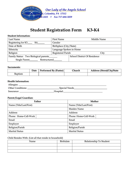 Student Registration Form K3-K4 - Our Lady Of The Angels Printable pdf