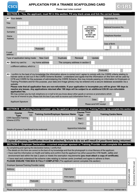 Application For A Trainee Scaffolding Card - Cisrs Printable pdf