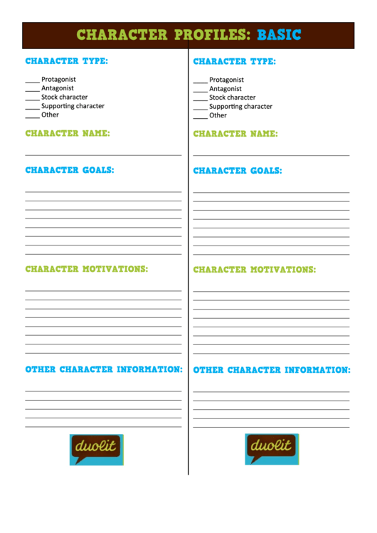 Fillable Character Profiles: Basic Printable pdf