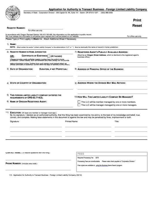 Fillable 110 - Application For Authority To Transact Business - Foreign Limited Liability Company - Oregon Secretary Of State Printable pdf