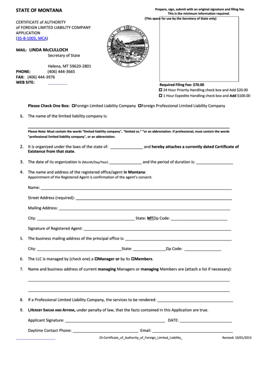 Certificate Of Authority Of Foreign Limited Liability Company Form - Secretary Of State - 2013 Printable pdf