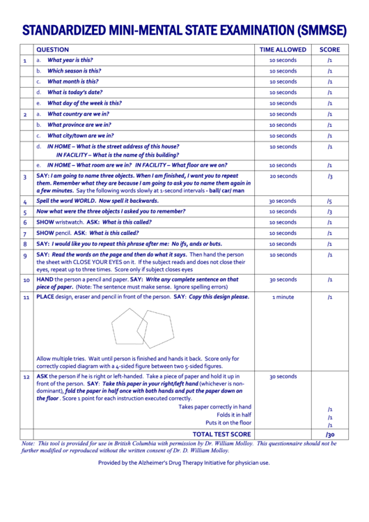Fillable Standardized Mini-Mental State Examination Form Printable pdf