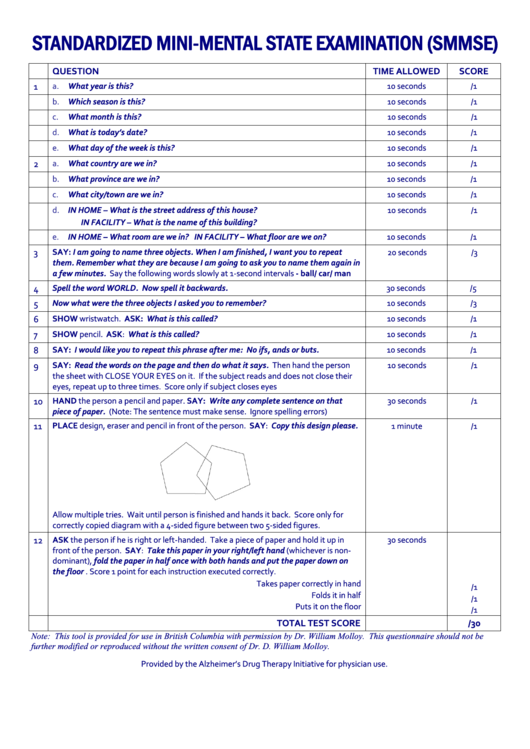 Fillable Standardized Mini Mental State Examination Form Printable Pdf 