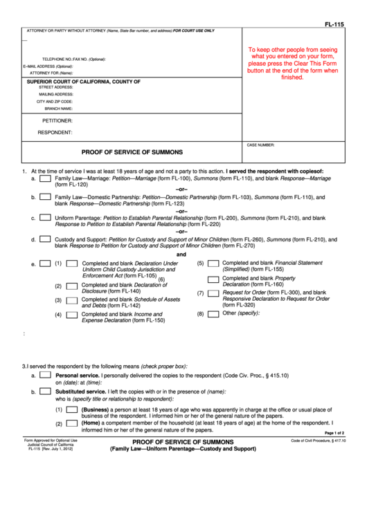 Fillable Fl 115 Proof Of Service Of Summons Printable pdf