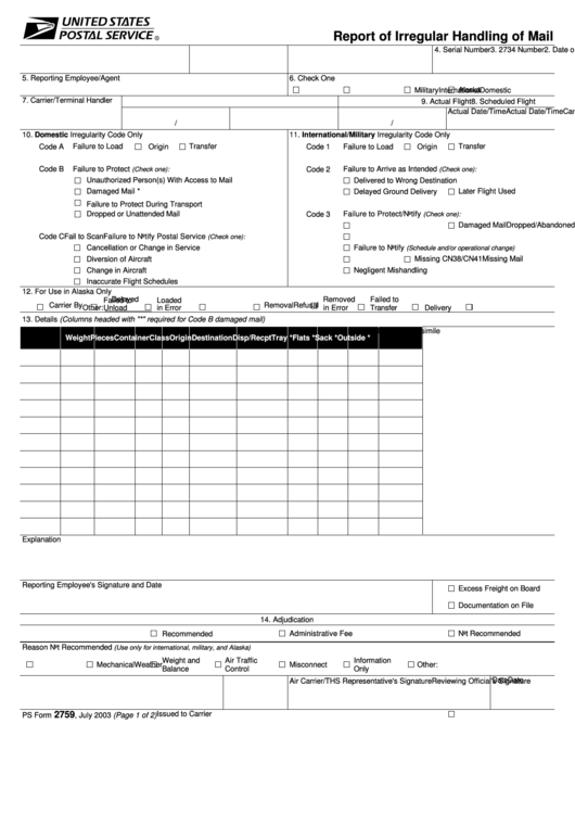 Ps Form 2759 Report Of Irregular Handling Of Mail Printable pdf