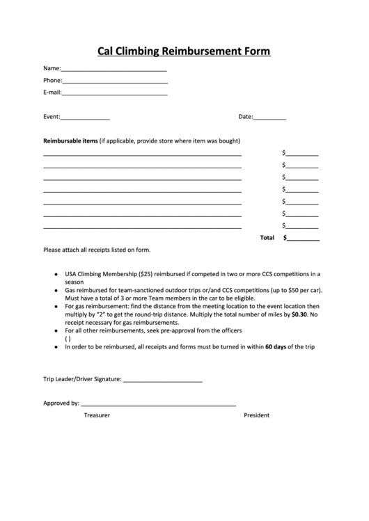 Cal Climbing Reimbursement Form Printable pdf