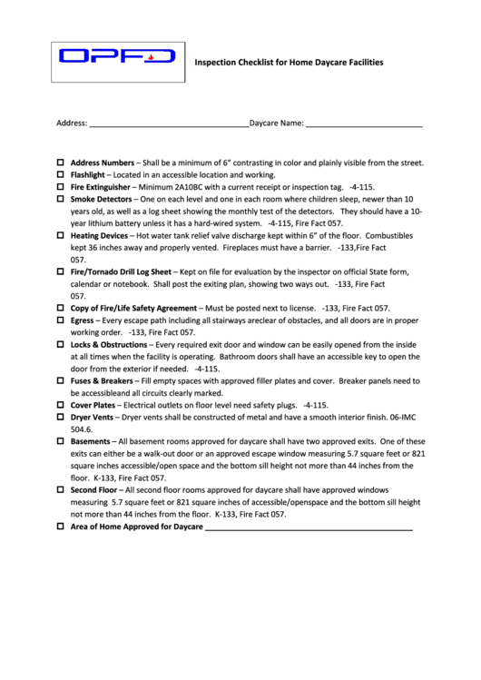 Inspection Checklist Template For Home Daycare Facilities Printable pdf