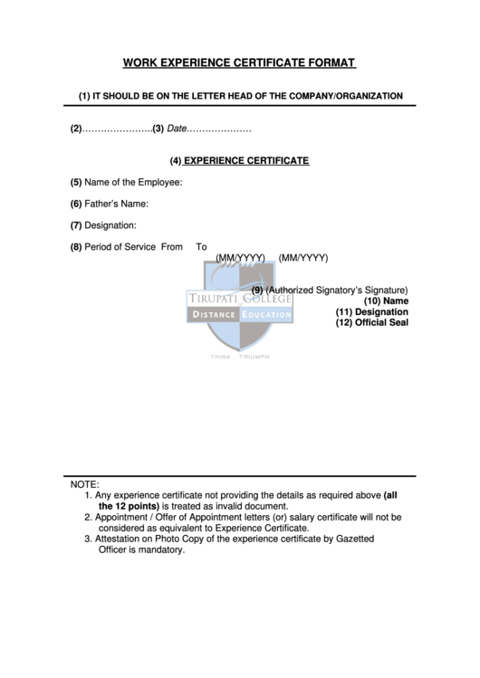 Work Experience Certificate Format Printable pdf