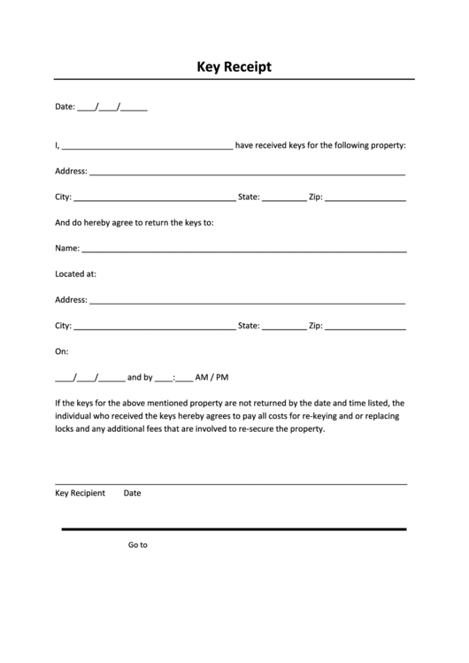 Key Receipt Form (Property Rental) Printable pdf