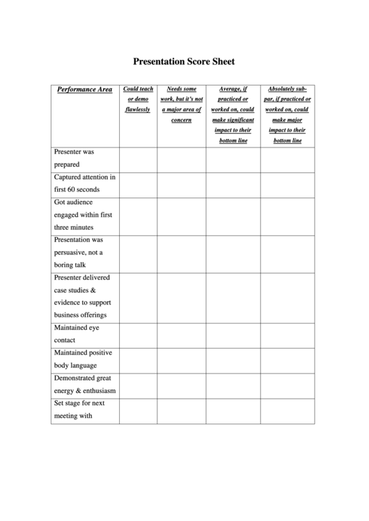 Presentation Score Sheet Printable pdf