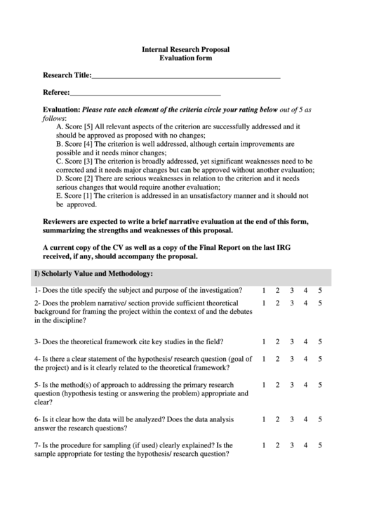 Internal Research Proposal Evaluation Form Printable pdf