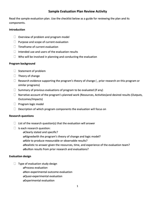 Sample Evaluation Plan Review Activity Printable pdf