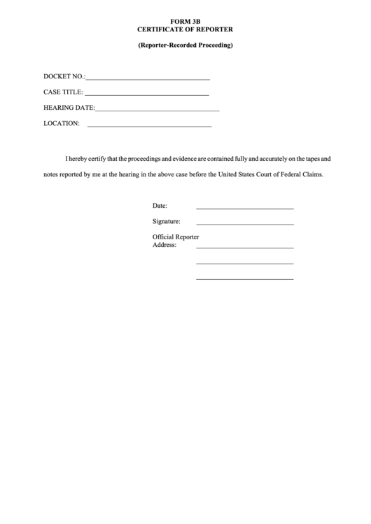 Form 3b - Certificate Of Reporter Printable pdf