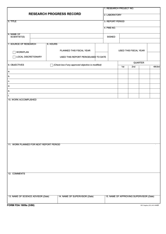 Fillable Form Fda 1609a - Research Progress Record Form Printable pdf