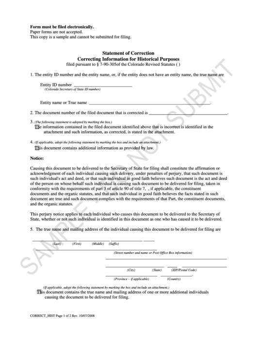 Statement Of Correction Information For Historical Purposes Printable pdf