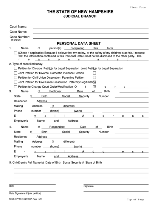 Fillable New Hampshire Court Personal Data Sheet Printable pdf