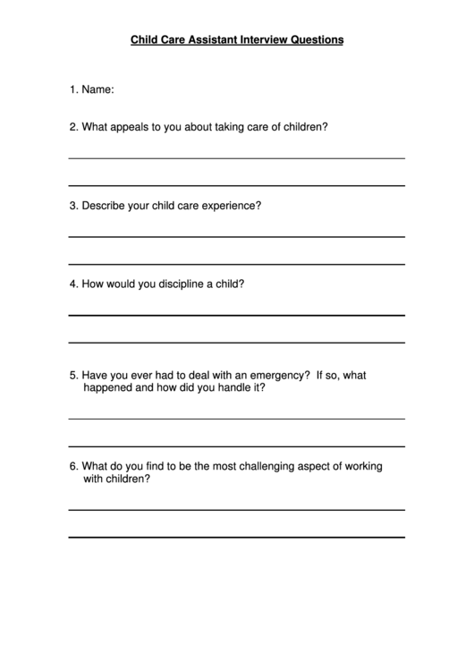Child Care Assistant Interview Questions Printable pdf