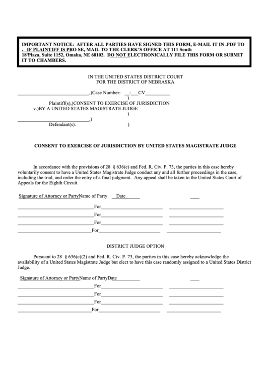 Fillable Consent To Exercise Of Jurisdiction By United States Magistrate Judge Form Printable pdf