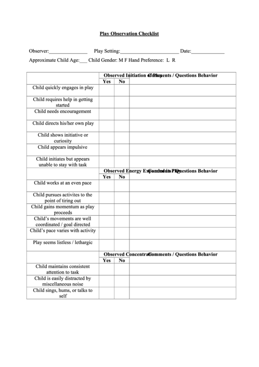Play Observation Checklist Printable pdf