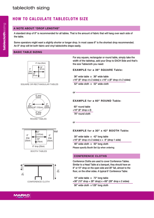 Tablecloth Size Calculator Printable pdf