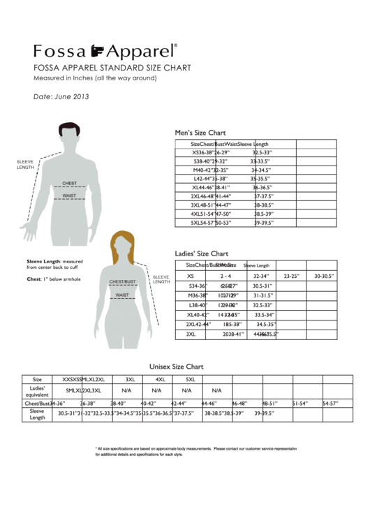 Fossa Apparel Standard Clothing Size Chart Printable pdf