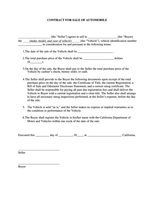 Contract Template For Sale Of Automobile Printable pdf