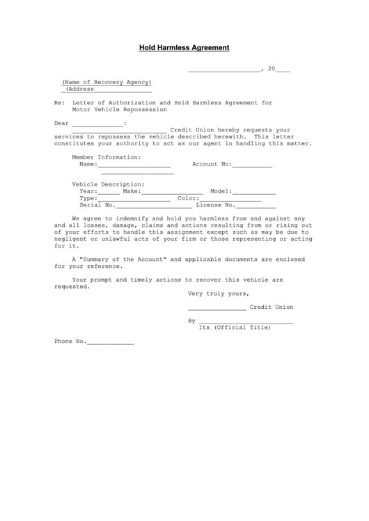 Sample Hold Harmless Agreement Printable pdf