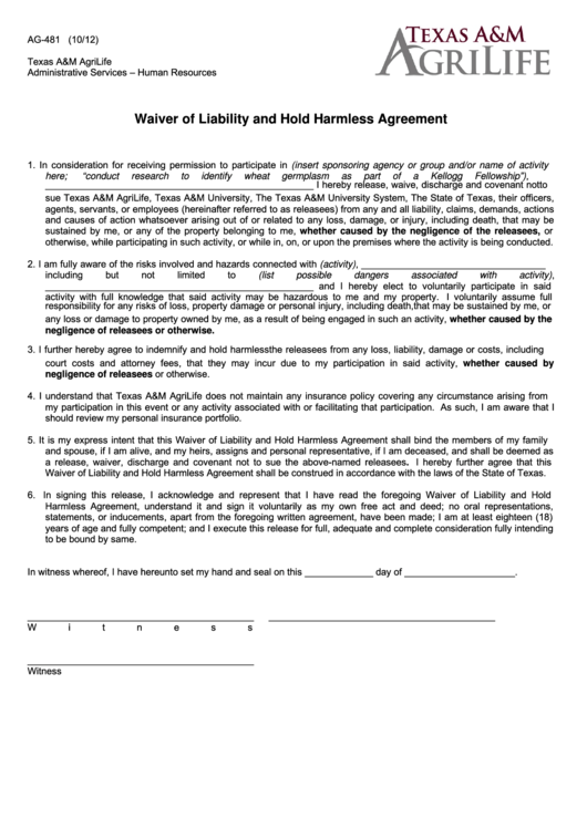 Form Ag-481 - Waiver Of Liability And Hold Harmless Agreement - 2012 Printable pdf