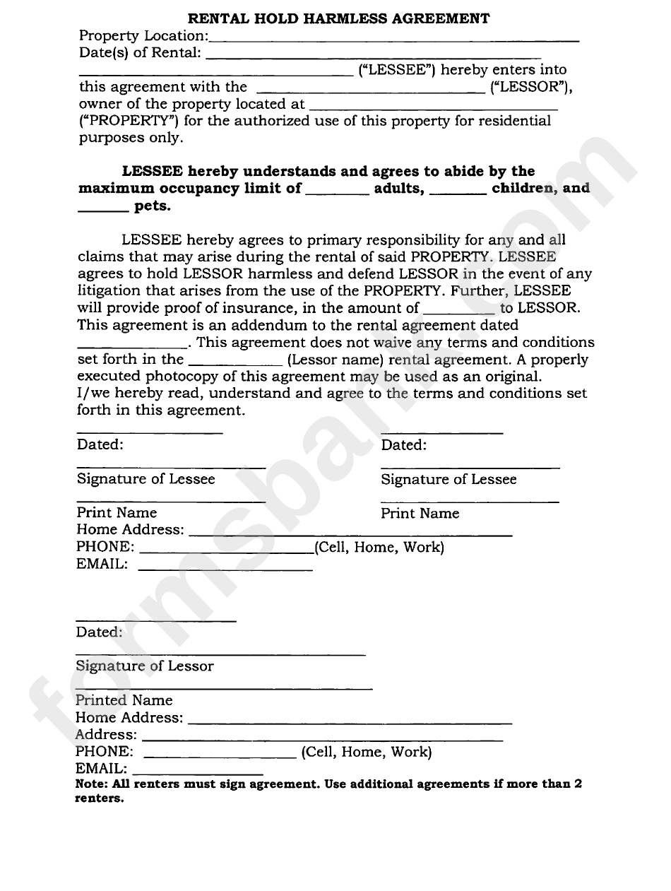 Sample Rental Hold Harmless Agreement